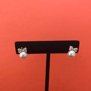 Faux pearl and CZ diamond bow earrings